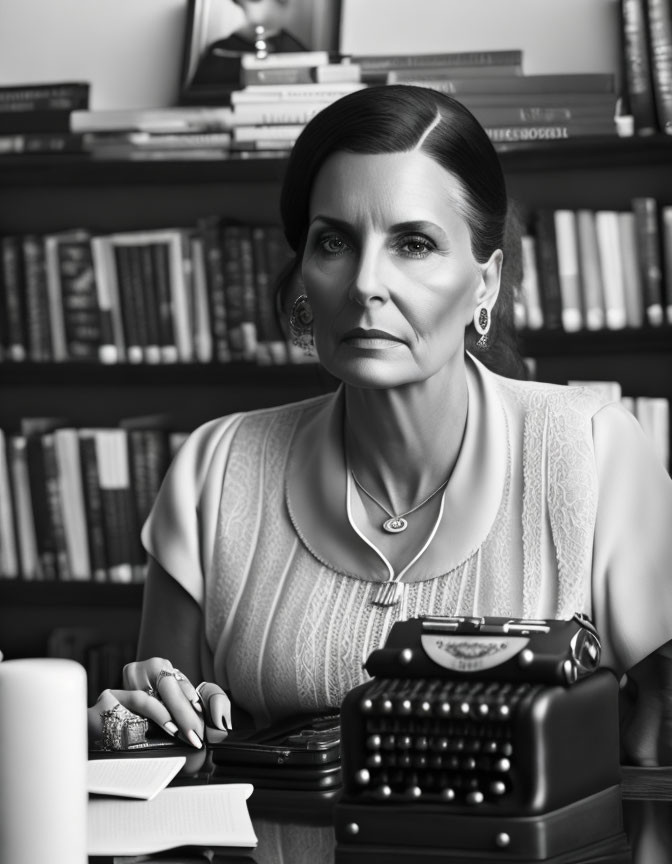 Vintage typewriter and books: Woman at desk in black and white photo