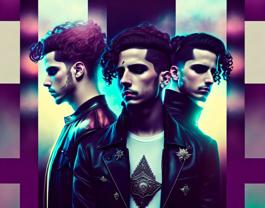 Stylized portraits of a person with punk-inspired aesthetic and vibrant lighting