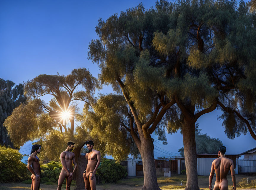 Four people in backyard at dusk under trees, lit by warm sun-like light