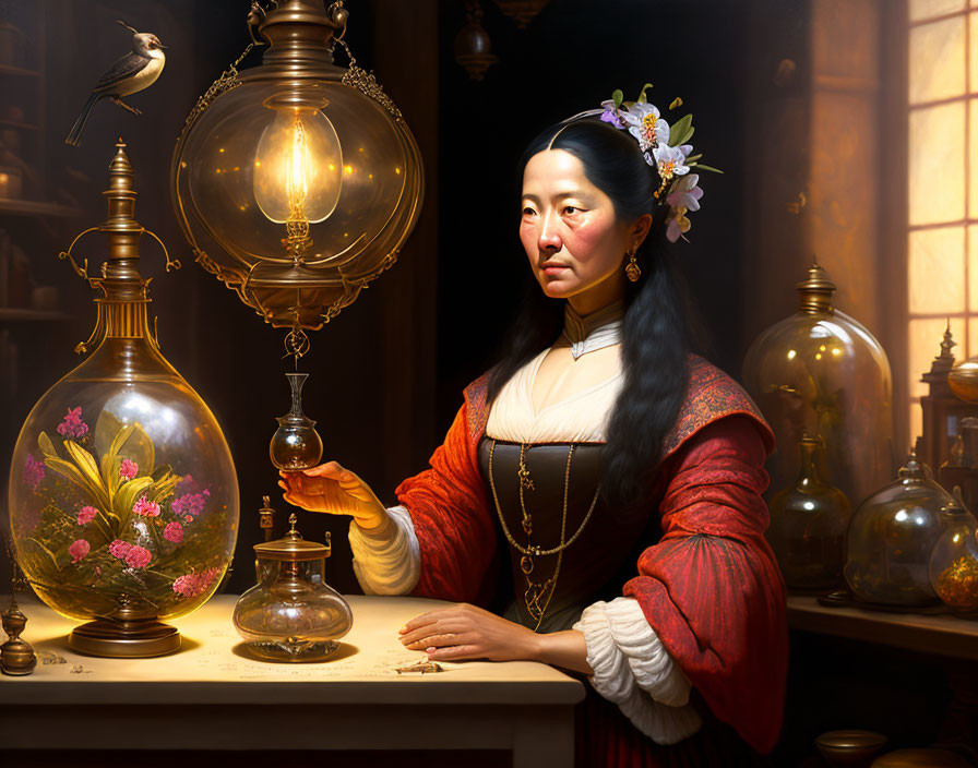 Historically dressed woman with glass vessel in room with globes and bird.