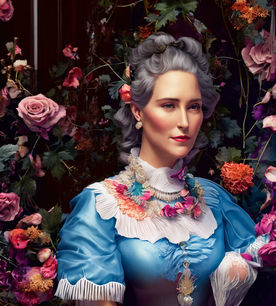 Gray-Haired Woman in Blue Dress Surrounded by Pink and Orange Roses