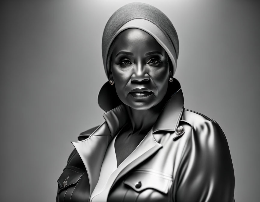 Monochrome portrait of confident woman in headscarf and trench coat