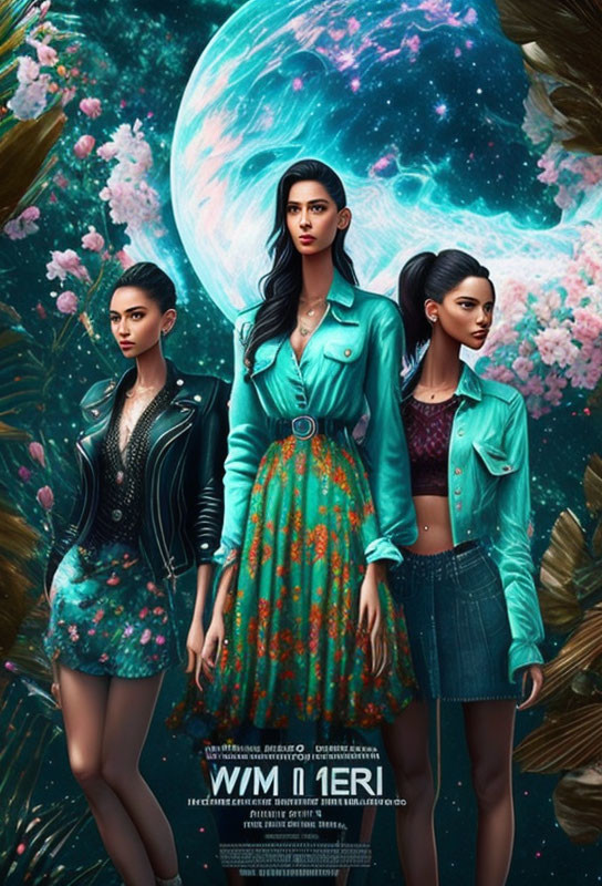 Three confident women in stylish outfits against a cosmic backdrop.