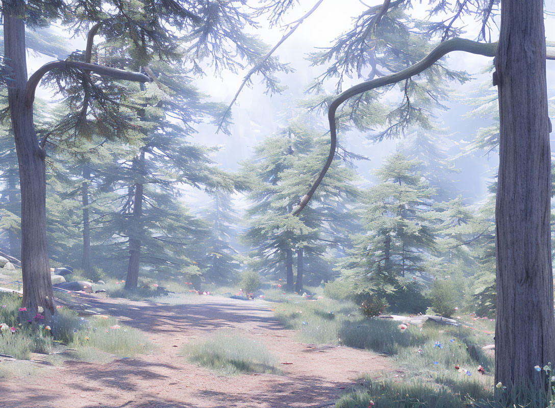 Tranquil forest path with misty sunlight and evergreen trees