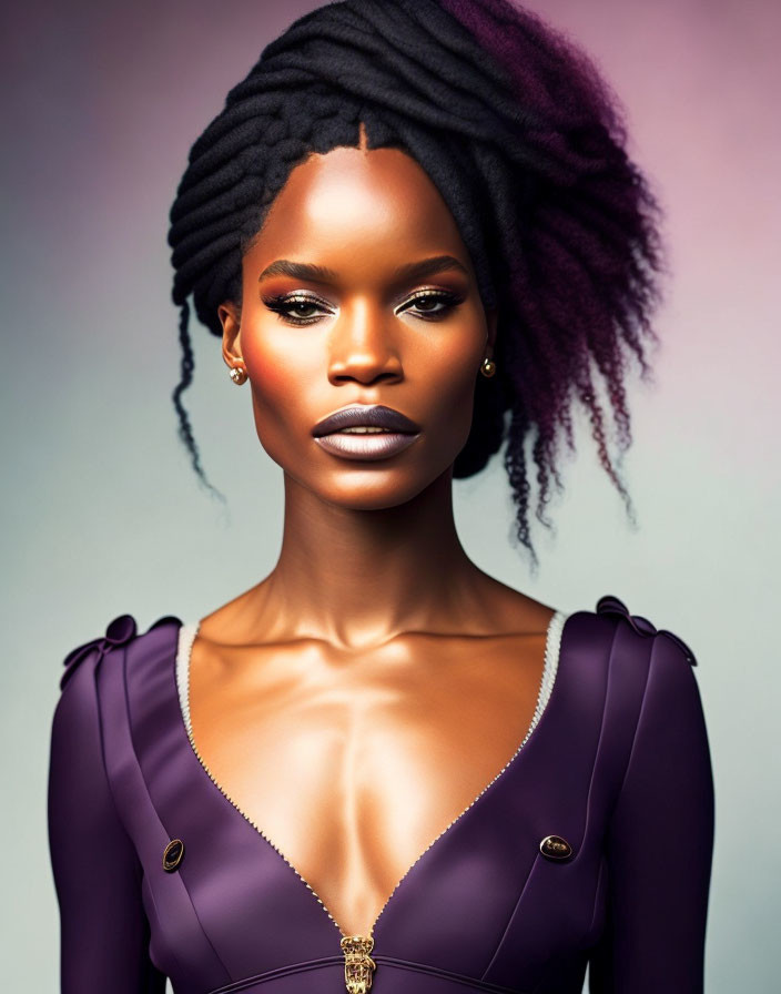 Stylish woman with dreadlocks and bold makeup in purple outfit.