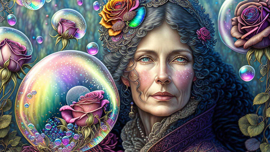 Colorful woman surrounded by floral and cosmic motifs in fantastical illustration