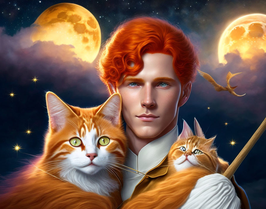 Red-haired young man with blue eyes and two cats under twin moons and stars.