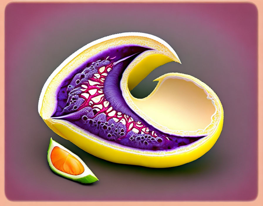 Digital artwork of intricate purple lemon cutaway with filigree patterns