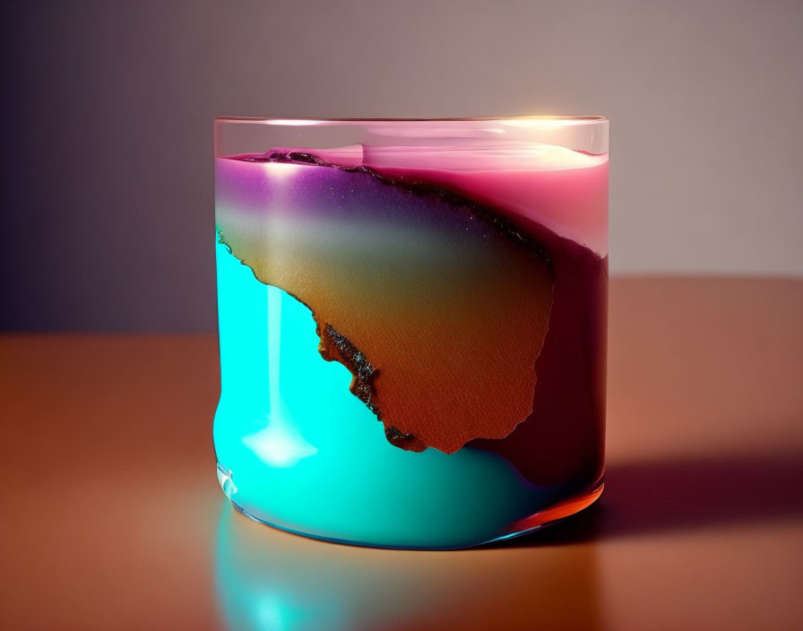 Colorful melting wax candle in clear glass on gradient background