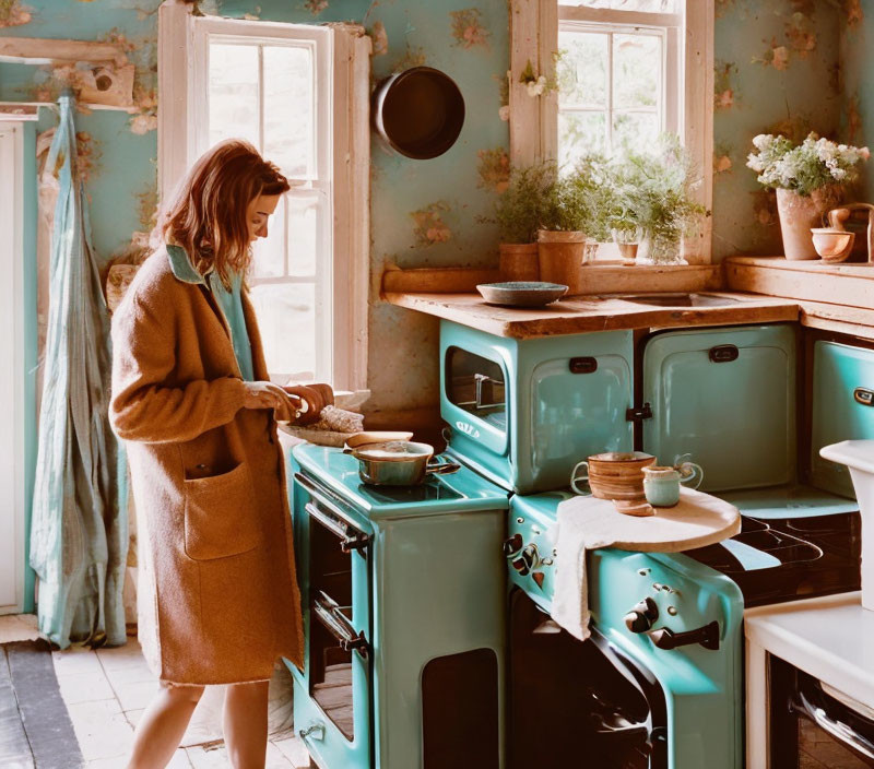 Woman in coat cooking in rustic kitchen with teal stove & wooden cabinets