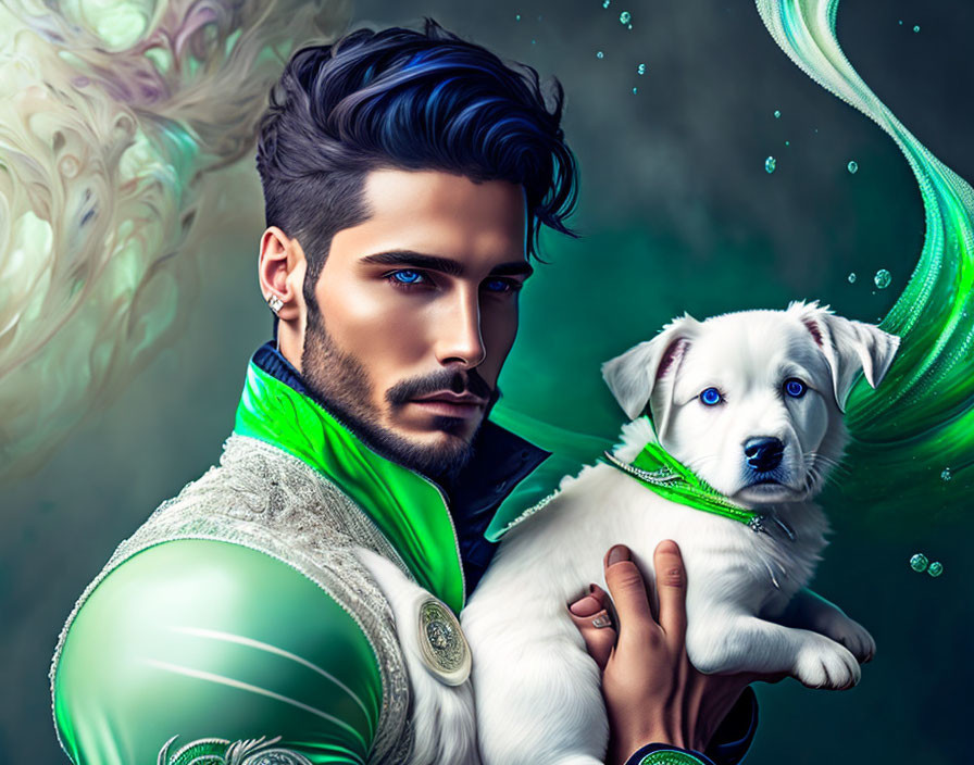 Stylized portrait of man with blue eyes holding a white puppy