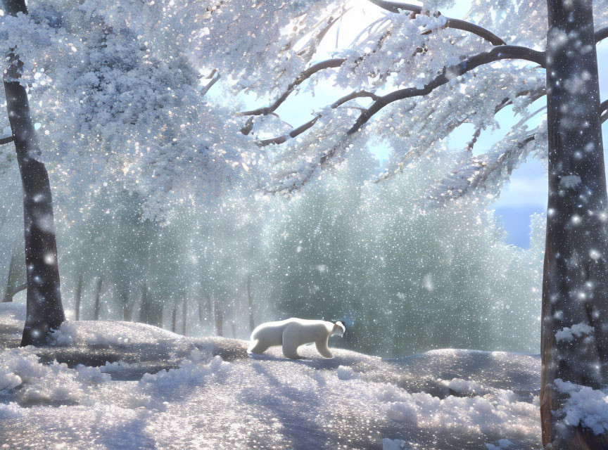 Polar bear in snowy forest with snow-covered trees