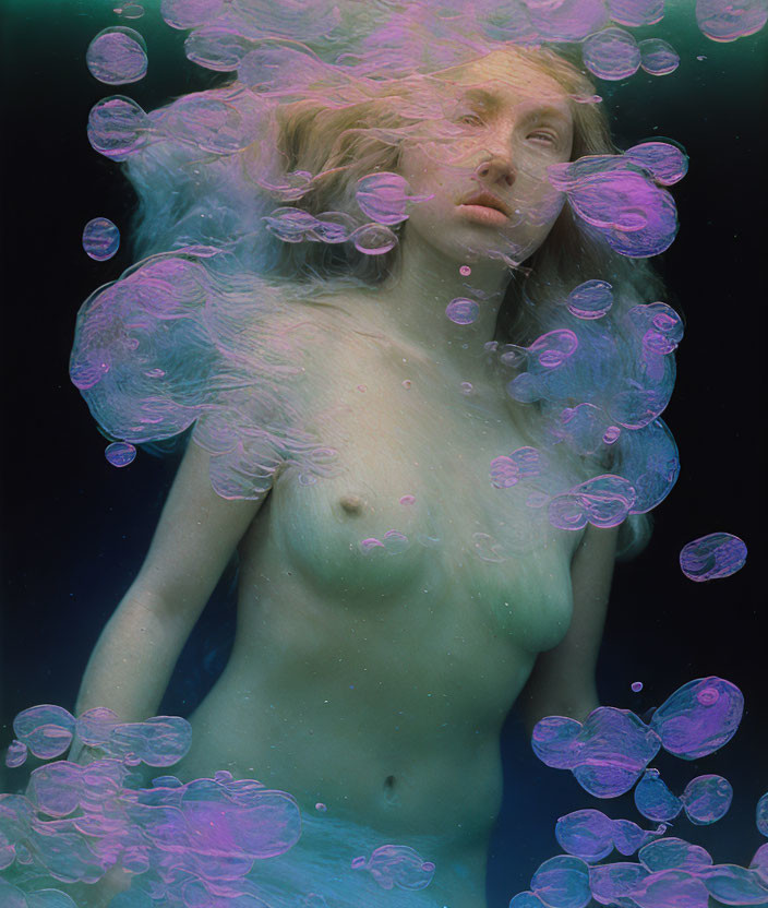 Person in underwater scene surrounded by iridescent bubbles and flowing hair