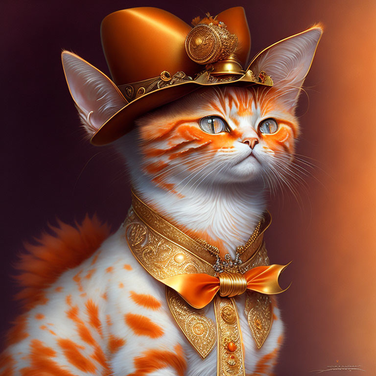 Steampunk-style Orange and White Cat with Gold Details on Purple Background