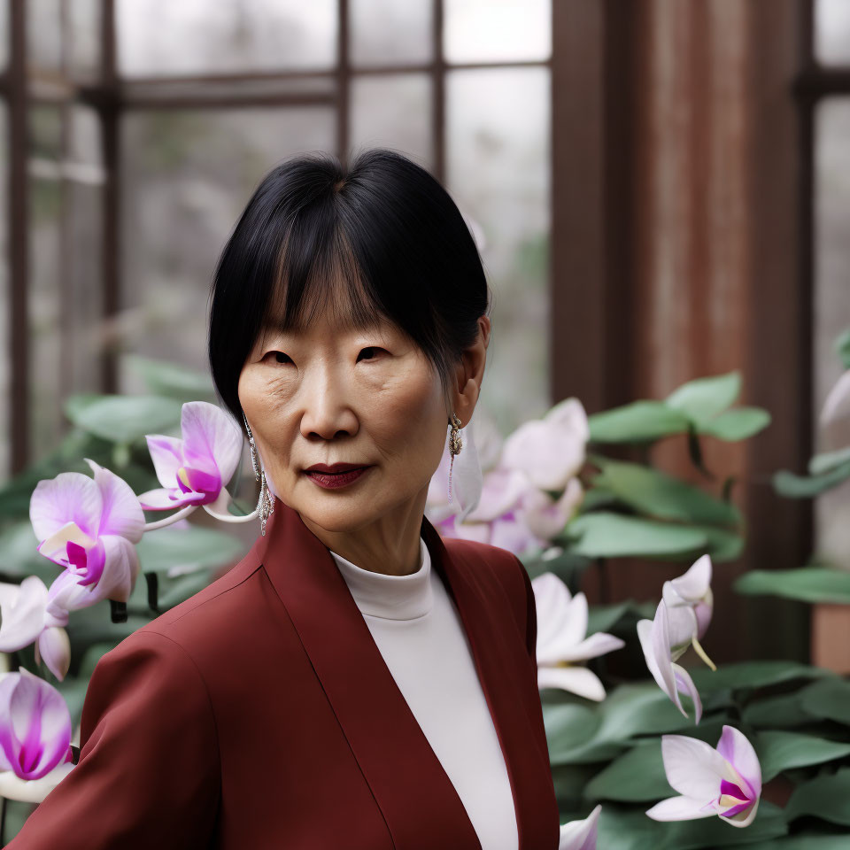 Elderly Asian woman in red blazer with orchids and window.