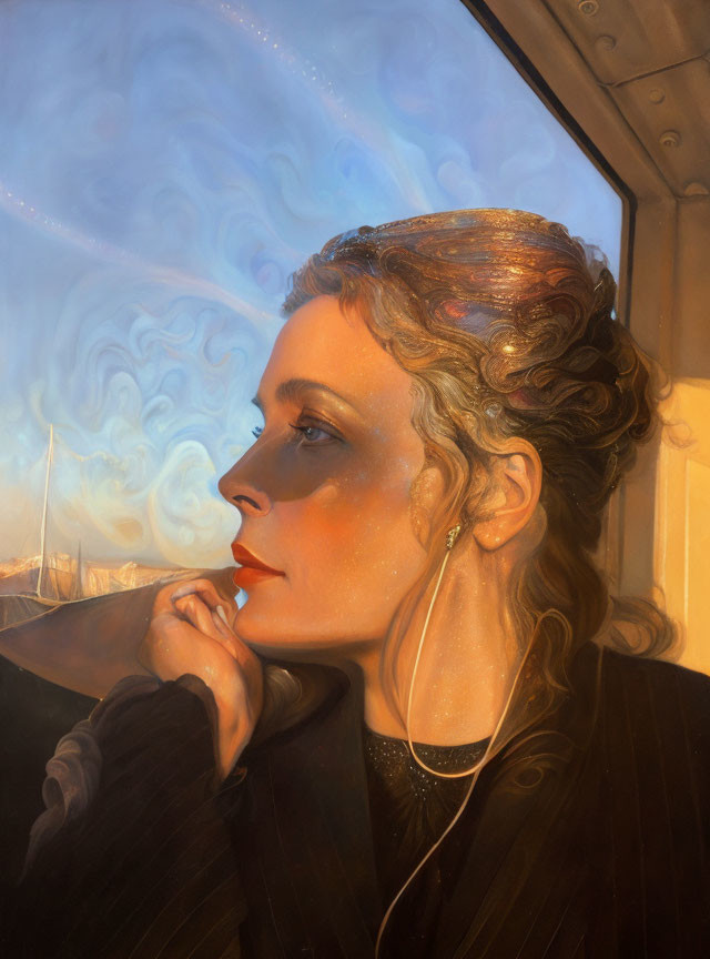 Profile of woman with styled hair looking out window in golden sunlight.