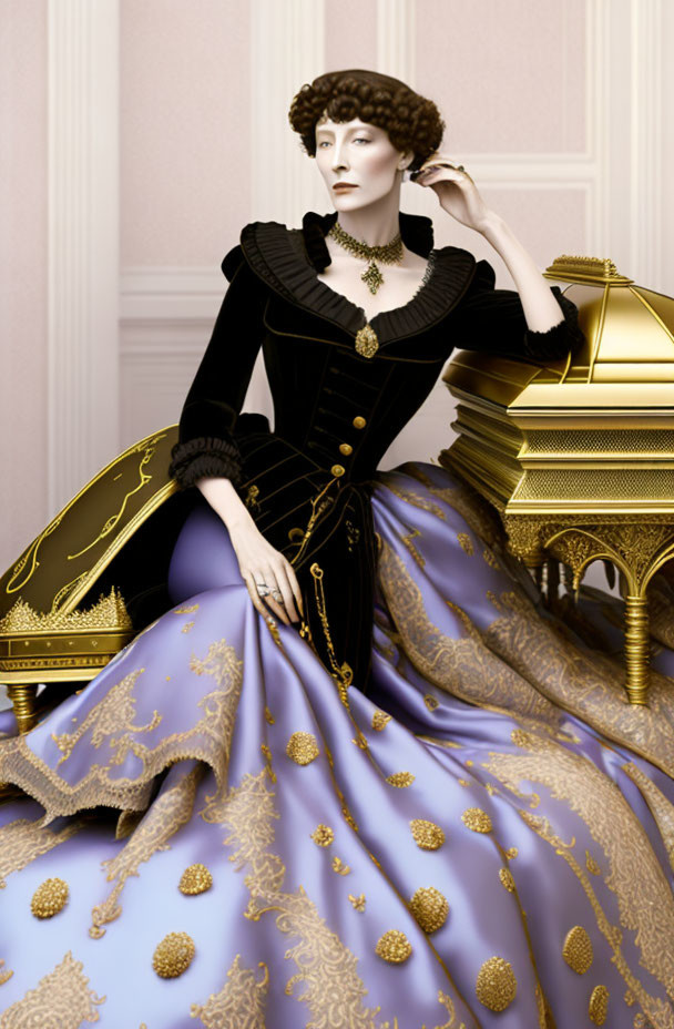 Elegant woman in historical dress near opulent golden structure