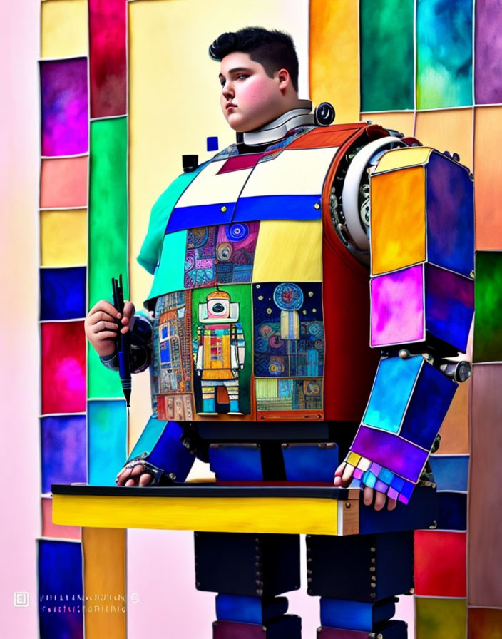 Colorful Patchwork Robotic Suit with Stylus and Graphics Tablet