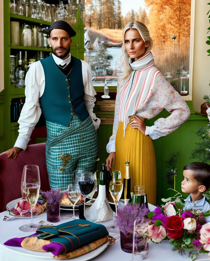 Adults and child at stylishly set table with flowers and wine in chic outfits overlooking forest