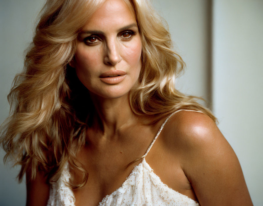 Blonde woman with smokey eye makeup in white sequined top