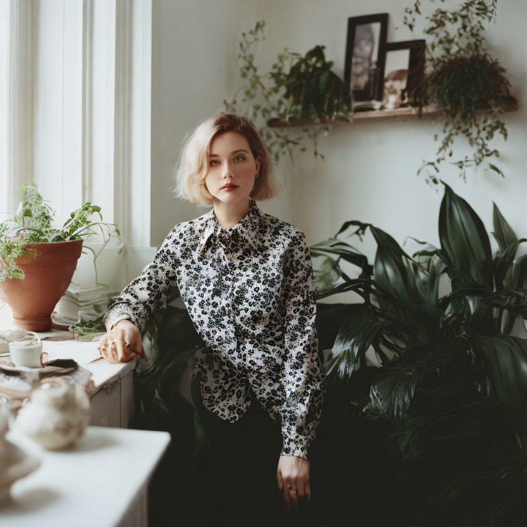 Woman in Floral Blouse Surrounded by Houseplants and Vintage Decor