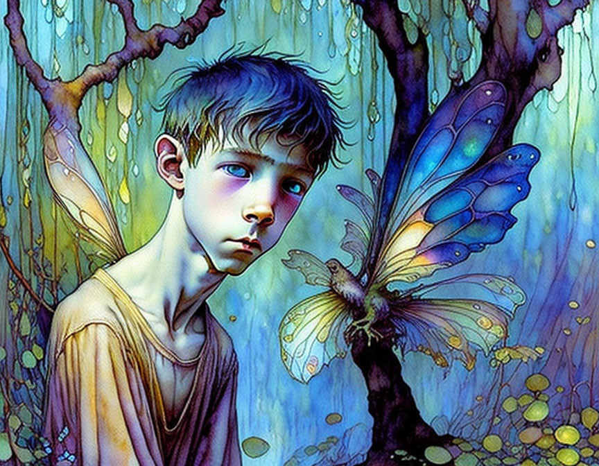 Boy with fairy wings in colorful forest, pensive gaze.