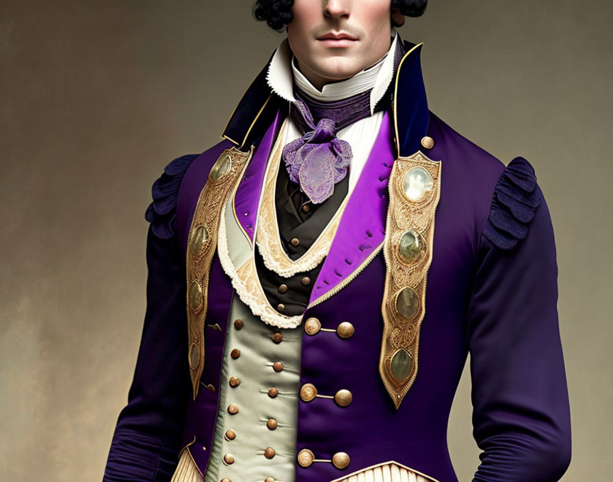 Elaborate historical uniform with gold accents and purple coat