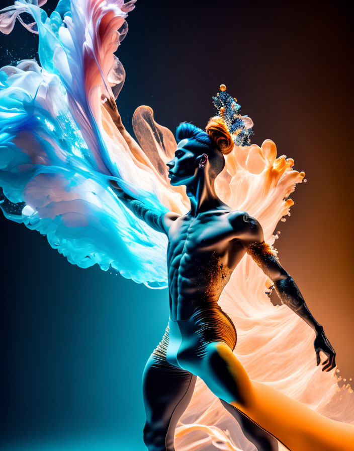 Colorful artistic depiction of person with mohawk and body paint in swirling mist