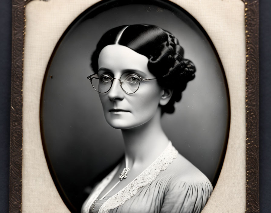 Vintage Oval Framed Portrait of Woman with Glasses and High-Collared Blouse