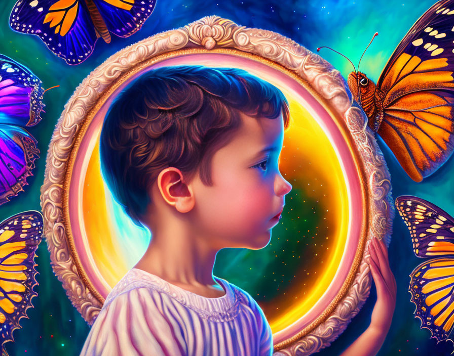 Child gazes at glowing portal surrounded by butterflies