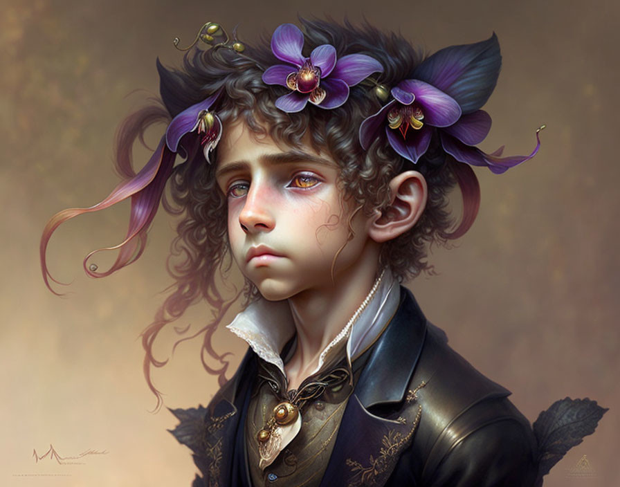 Digital portrait of person with curly hair, purple flowers, melancholic expression, Victorian-style outfit.