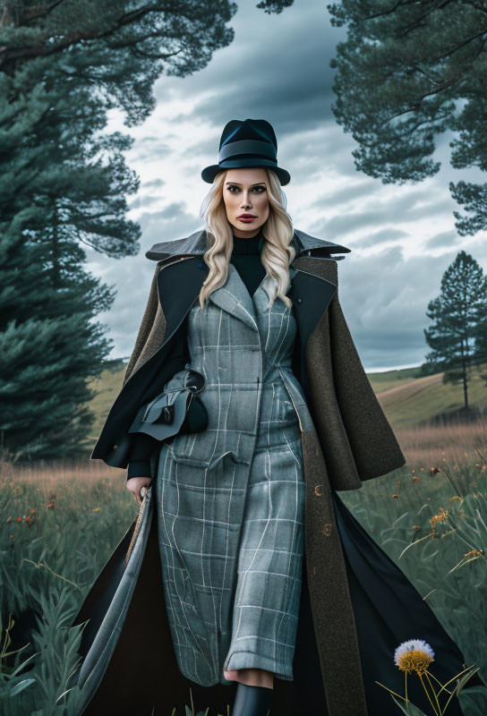 Stylish woman in plaid coat and fedora in field with overcast sky