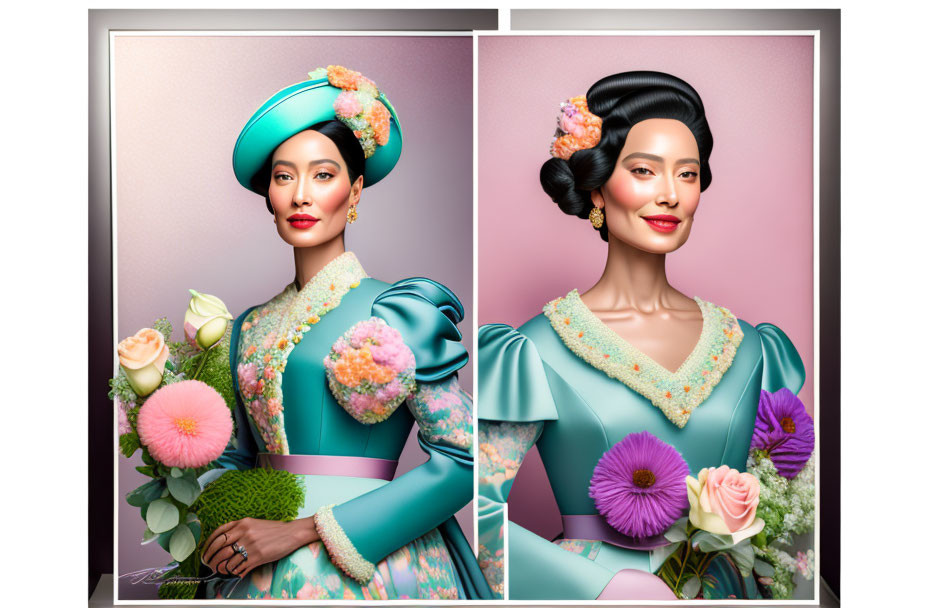 Stylized portraits of a woman in teal vintage outfit with elaborate hats and floral accents