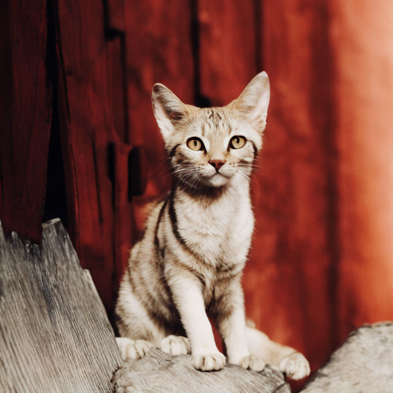 Striped Cat Sitting on Wood Against Red Backdrop