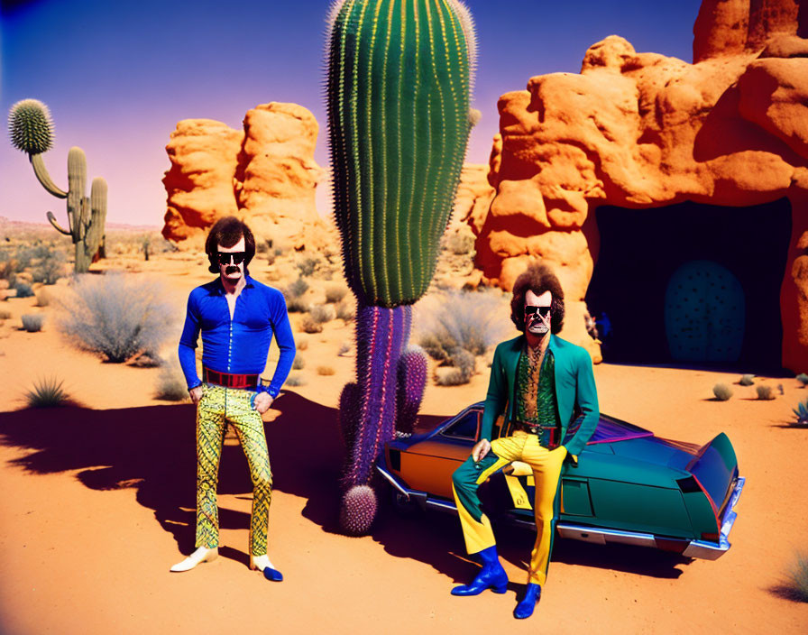 Two men in retro outfits with sunglasses by classic car in colorful desert.