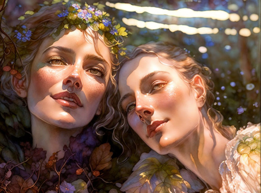 Two women with flower crowns in serene sunlight.