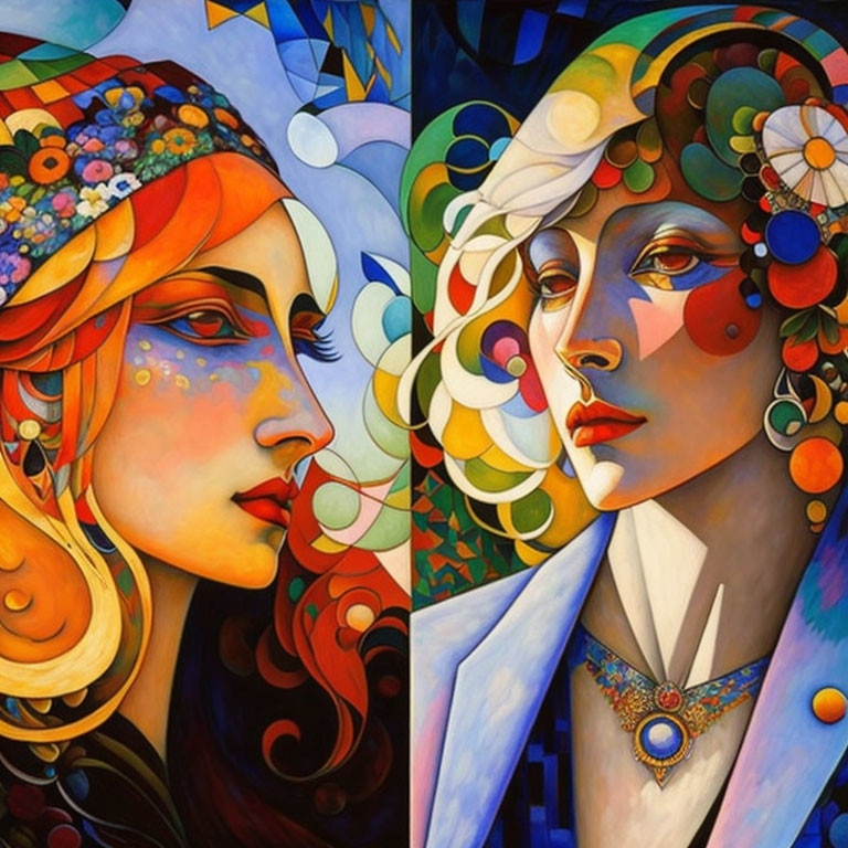 Colorful Art Nouveau style portraits of women.