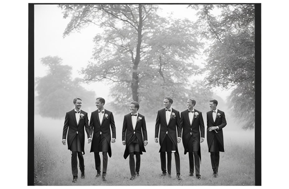 Six Men in Formal Attire Walking in Misty Tree-Lined Landscape