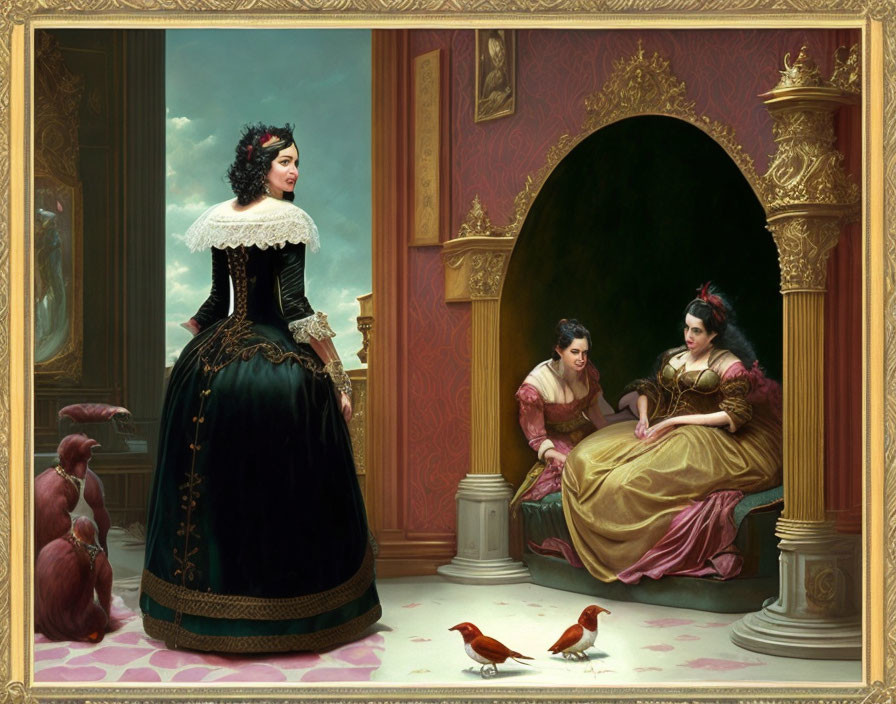 Classical painting of women, dog, and birds by fireplace