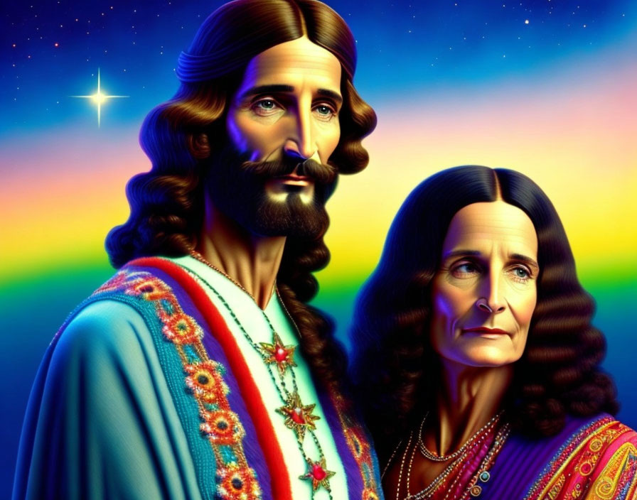 Colorful digital portrait of two figures in blue and multicolored robes