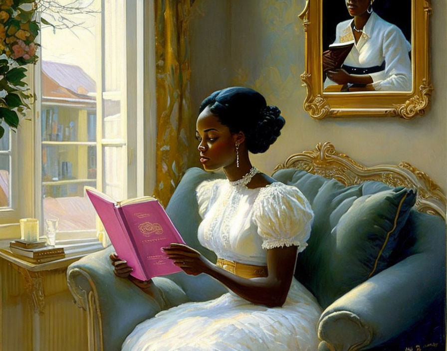 Woman in white dress reading pink book on blue sofa with sunlight and mirror reflection