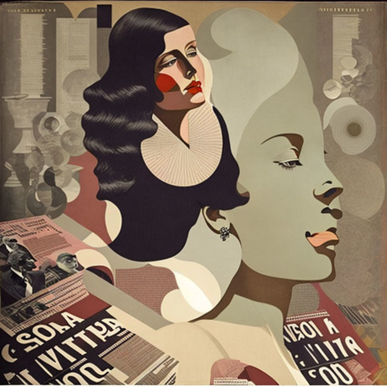 Vintage sepia-toned illustration of two women's profiles with newspapers and vinyl records