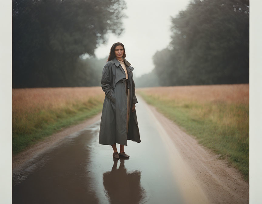 Woman in grey coat on wet country road with scenic backdrop