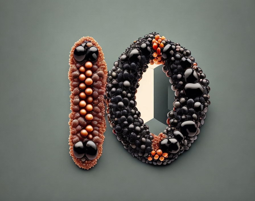 Stylized number 10 crafted from black, orange, and brown beads