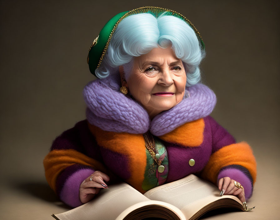 Elderly Woman with Blue Hair and Green Hat Holding Book in Colorful Attire