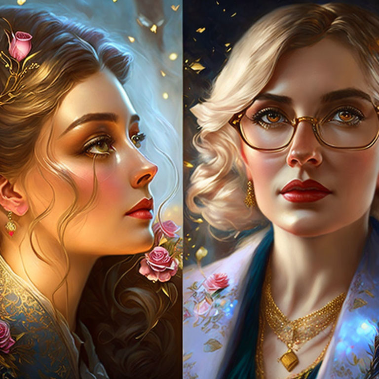 Detailed Split-Image of Women's Faces with Jewelry and Magical Glow