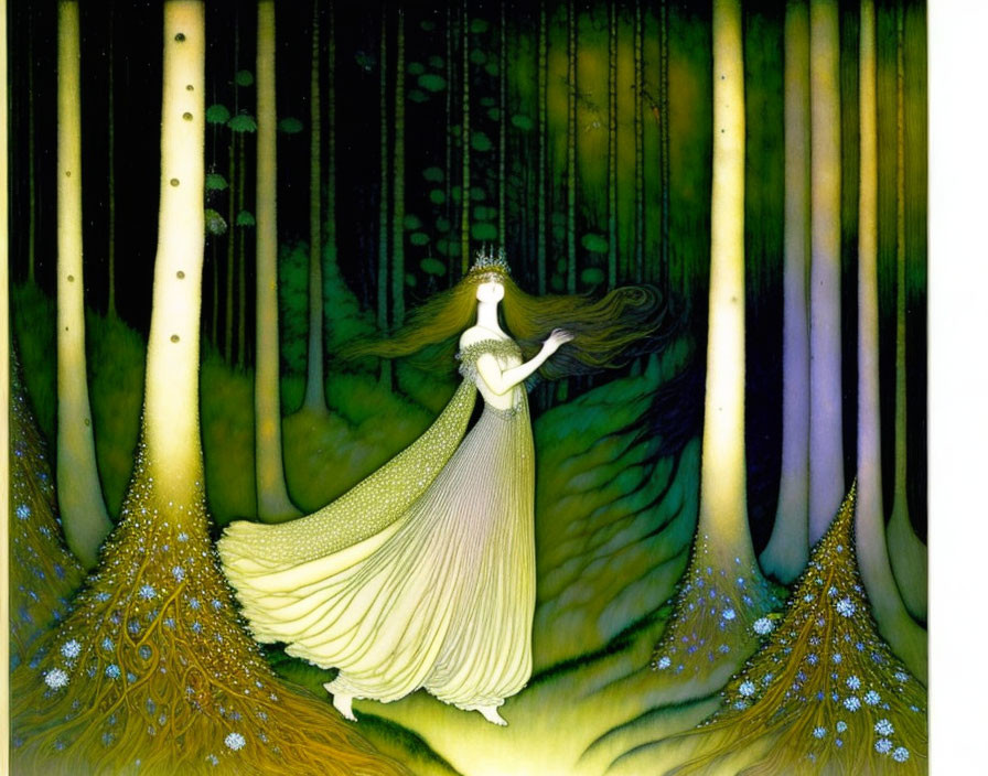 Illustrated queen in flowing gown in mystical forest with glowing trees