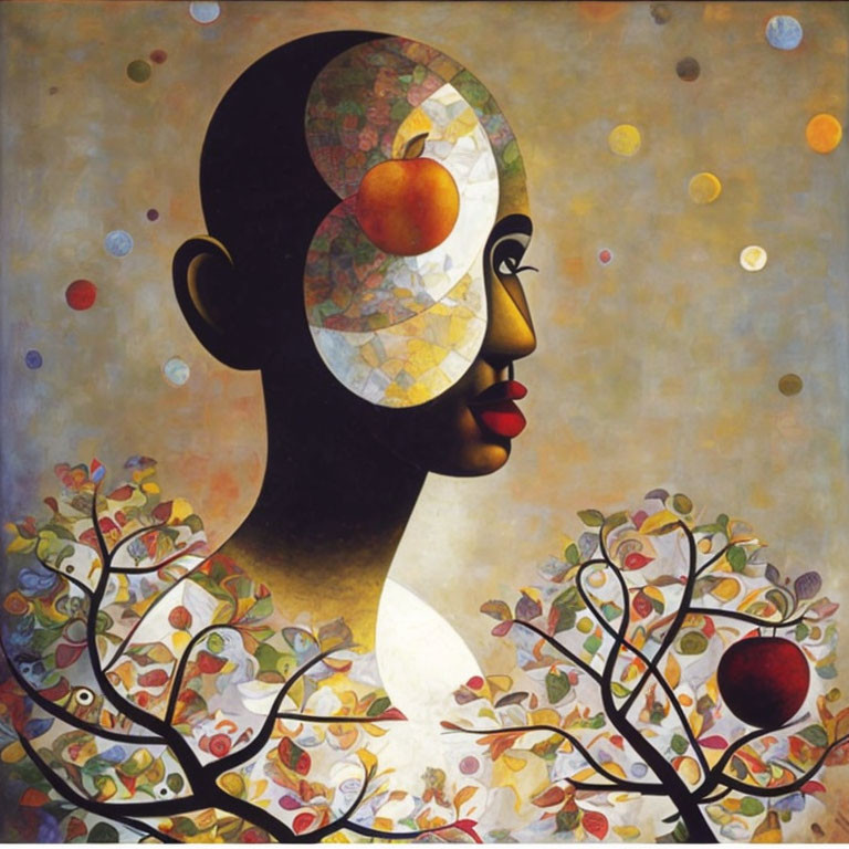 Colorful surreal portrait with tree branch pattern, mosaic mind, apples, and floating orbs.