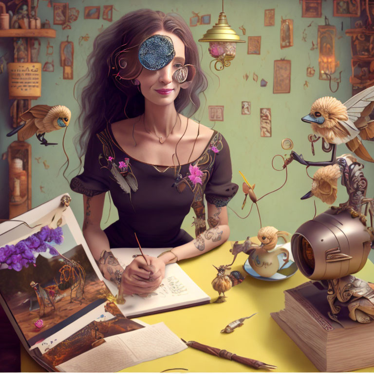 Tattooed woman wearing a monocle sketches in whimsical room with mechanical birds and flying te