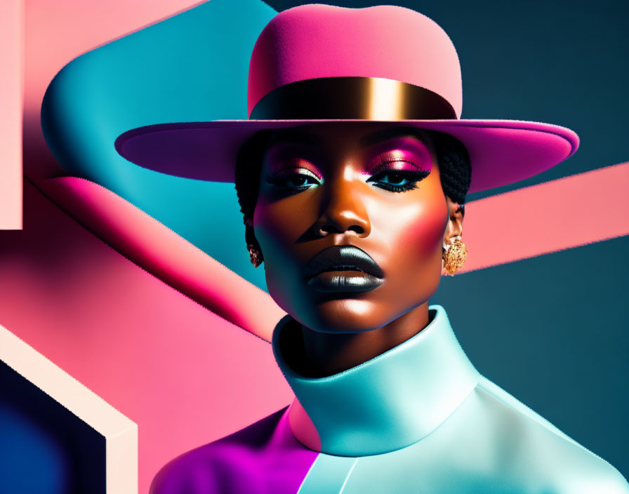 Colorful Geometric Background with Woman in Pink Hat & Bold Makeup